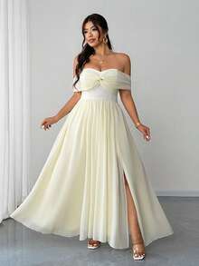 Elenzga 大码女士优雅浪漫轻盈连衣裙，适合派对、婚礼宾客、伴娘等场合，无肩带网纱飘逸连衣裙，春夏款 - 淡黃色 - 查看 6