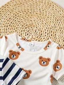 SHEIN Playful Pals Bộ đồ dệt kim 3 món họa tiết khủng long cho bé, áo thun ngắn tay, thích hợp cho mùa xuân/hè. - Màu Khaki - Xem 7