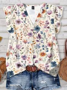 EMERY ROSE 休闲简约浪漫印花V领荷叶边短袖上衣，适合大码女性，夏季度假穿着 - 彩色 - 查看 1