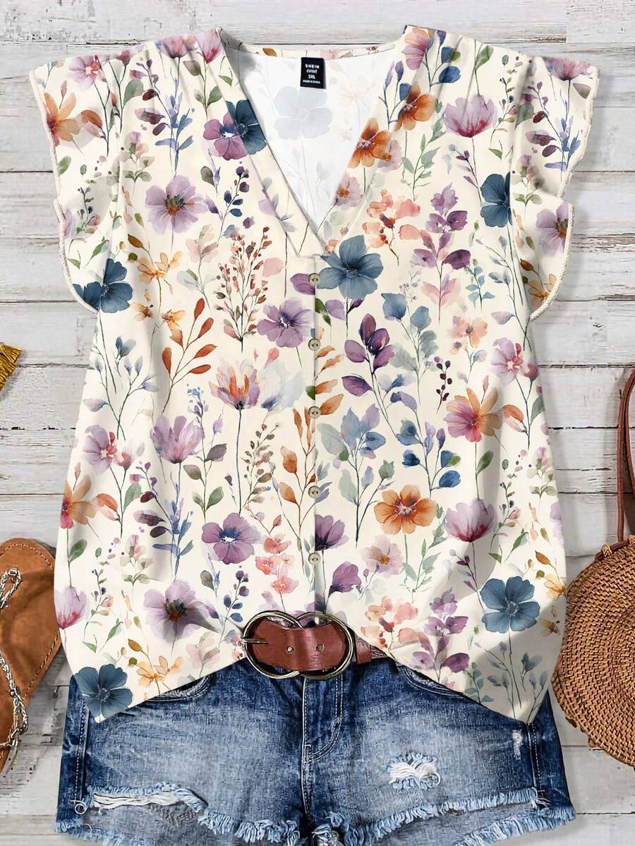 EMERY ROSE 休闲简约浪漫印花V领荷叶边短袖上衣，适合大码女性，夏季度假穿着 - 彩色 - 查看 1