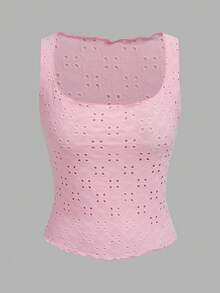 SHEIN EZwear Black Knit Women's U-Neck Short Sleeve Embroidered Breathable Tank Top For Summmer Club Sexsy - Multicolor - View 10