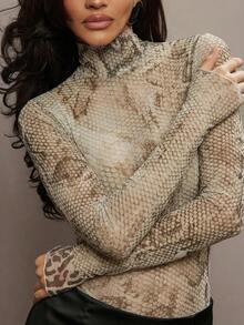 Hauture Women's Sexy Elegant Leopard Print Mock Neck Long Sleeve Bodysuit - Multicolor - View 6