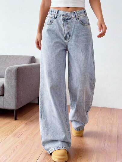 SHEIN Streecool 少女时尚交叉水钻装饰阔腿牛仔裤，高腰前扣多口袋简约中腰阔腿牛仔裤，休闲日常穿着