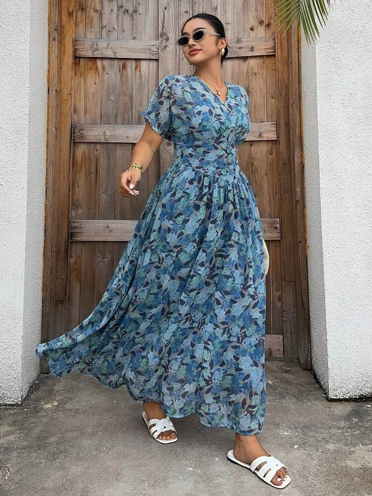 Dazy Plus Plus Size Women Floral Print Short Sleeve Elegant Dress Summer Boho