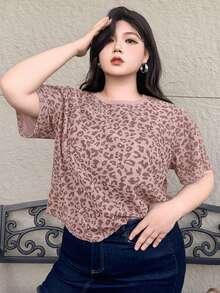 Dazy Plus 加大码豹纹圆领宽松短袖T恤 女款夏季印花T恤 - 粉色 - 查看 1