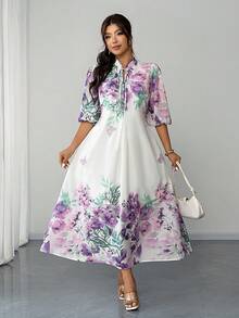 Elenzga Đầm maxi dài tay in hoa cổ tàu dành cho nữ cỡ lớn, thích hợp cho kỳ nghỉ, tiệc tùng và hẹn hò. - Màu tím - Xem 4
