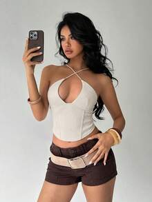 Aloruh Women's Fashionable Sexy Halter Backless Top,Summer Top - Beige - View 7