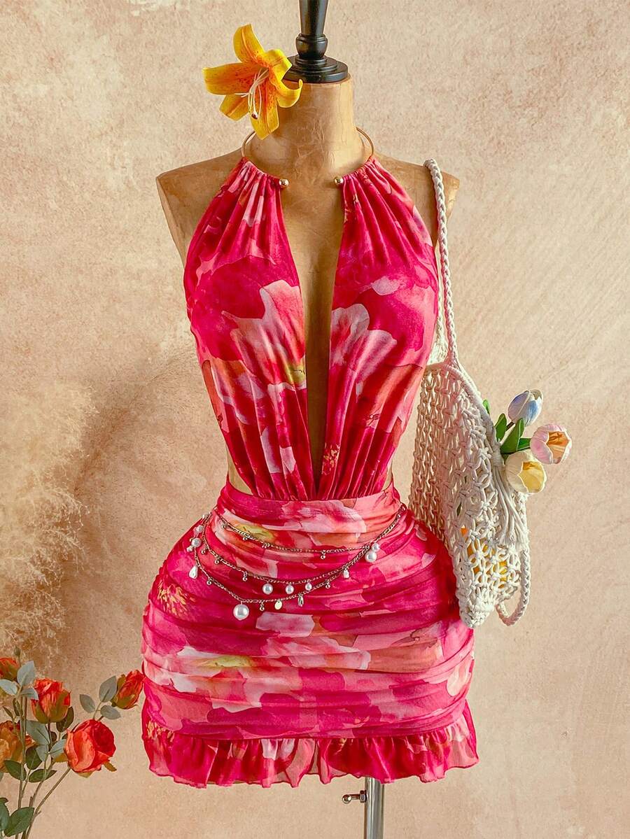 Soleia Đầm ngắn hở lưng cổ yếm in hình bướm gợi cảm dành cho nữ, thích hợp cho kỳ nghỉ. - Nhiều màu - Xem 1