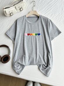 Comfortcana Tricou colorat 3D din pluș cu inimă, guler rotund, mânecă scurtă, casual, gri deschis, mărime plus - Gri deschis - Vizualizare 7