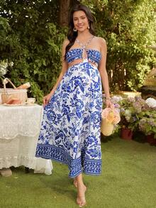 SHEIN Bohemian Style Fashionable Sexy Printed Tie-Front Maternity Dress - Blue - View 6