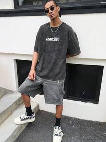Devon Thys Quần short denim màu xám thêu họa tiết phong cách đường phố thường ngày dành cho nam giới. - Màu xám đen - Xem 7
