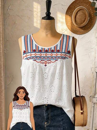 Rusticease Áo tank top nữ cỡ lớn thêu họa tiết hình học, kiểu dáng thường ngày.