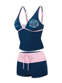 Swim Mod 女士海星贝壳印花吊带泳衣，高腰修身泳裤，适合海滩度假和水疗游泳。 - 彩色 - 查看 4