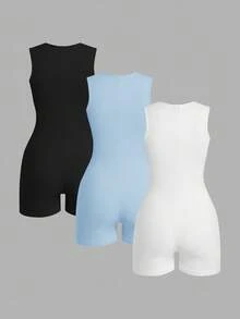 SHEIN EZwear 3件套无袖修身连体裤 - 藍色 - 查看 2