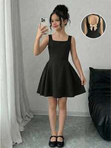 Firerie Kids Tween Girls Elegant & Cute Square Neck Black A-Line Patchwork Dress With Large Bow Back - Black - View 1