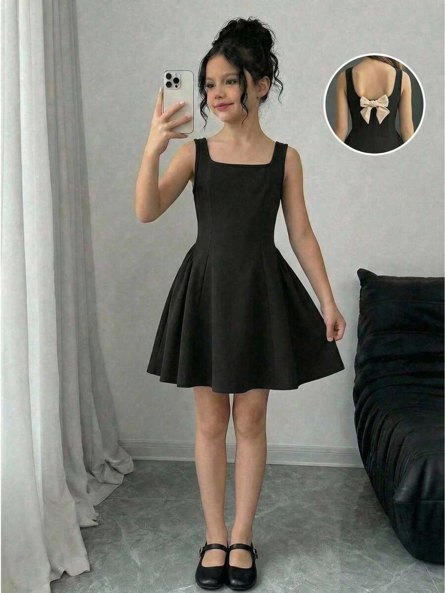 Firerie Kids Tween Girls Elegant & Cute Square Neck Black A-Line Patchwork Dress With Large Bow Back - Black - View 1