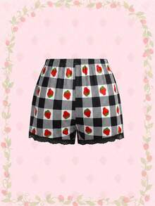 Strawberry Shortcake | ROMWE Bộ đồ ngủ nữ dễ thương họa tiết hoạt hình, áo hai dây viền ren và quần short kẻ caro, kiểu dáng thường ngày. - màu đen - Xem 6