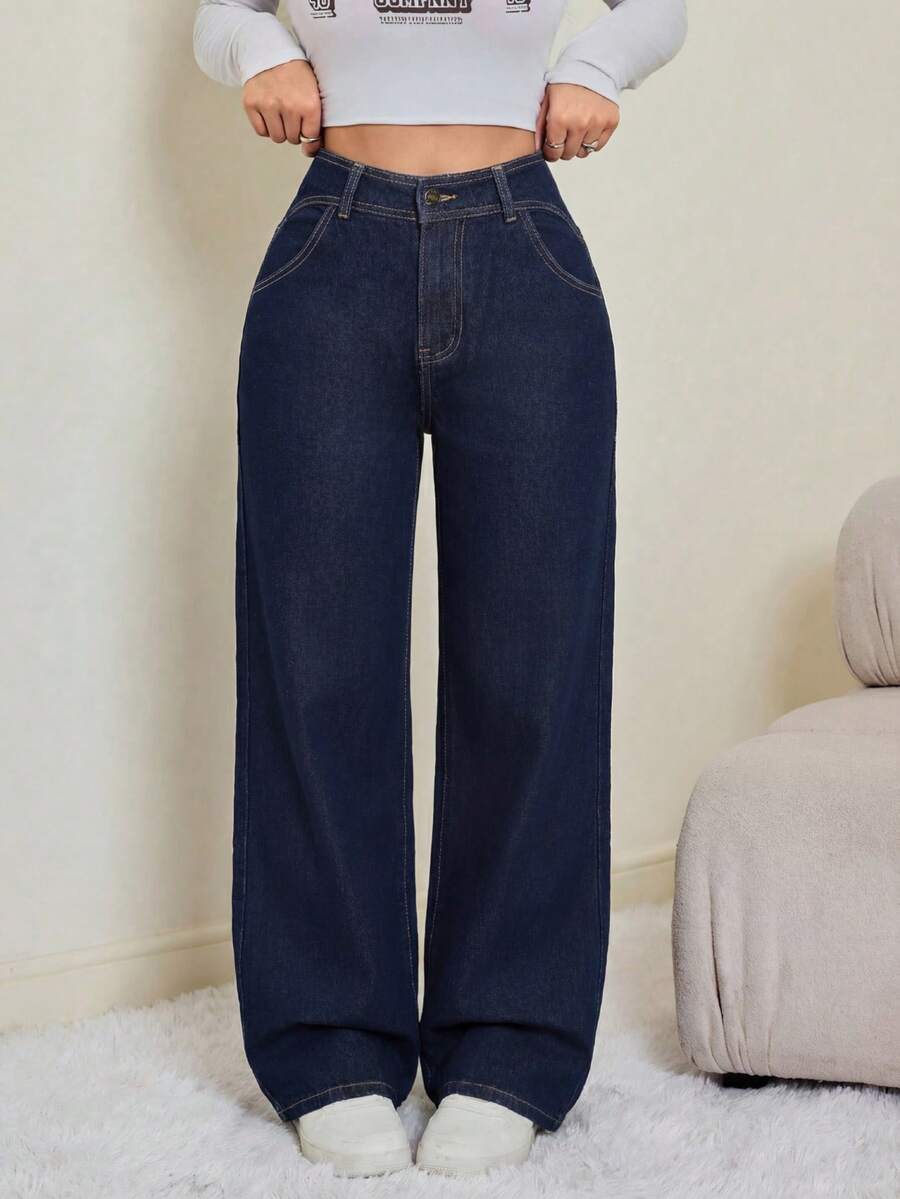 SHEIN Tall Women's Mid-Rise Straight Loose Fit Casual Jeans - Dark Wash - View 1