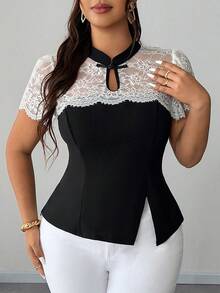 SHEIN Elenzya Plus Size Women's Elegant Delicate Romantic Lace Patchwork T-Shirt, Spring/Summer - Black and White - View 4