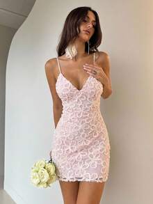 Aloruh 粉色刺绣浪漫派对礼服，优雅婚礼宾客礼服，度假迷你裙 - 粉色 - 查看 5