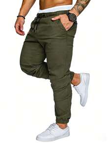 Manfinity Homme Quần nam có chi tiết vá, dây rút ở eo. - Màu xanh Ô liu - Xem 4