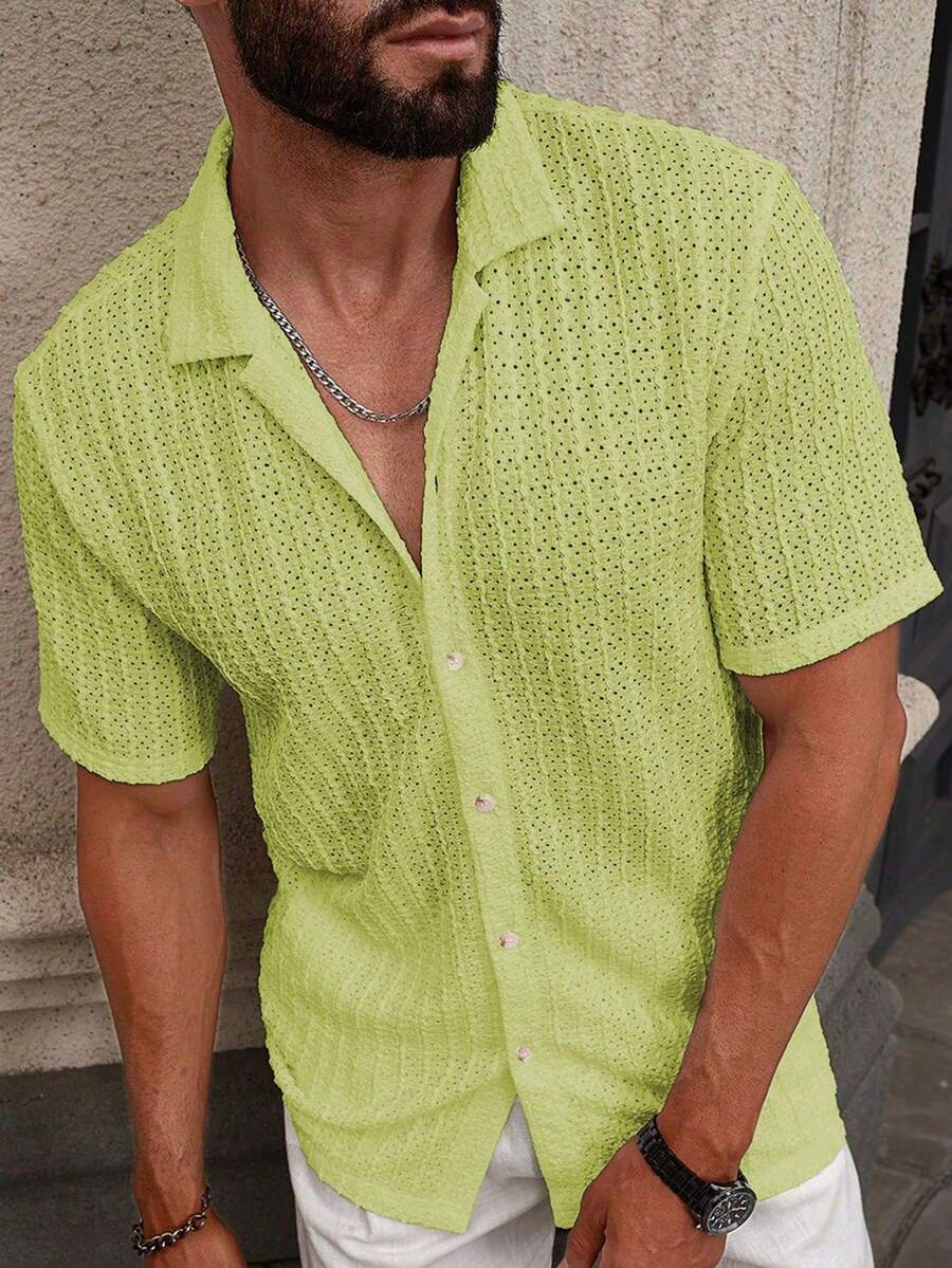 Manfinity Homme 男士休闲纯色短袖衬衫，夏季 - 綠色 - 查看 1