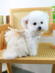 PETSIN 1pc Pet Pearl Decorative Mesh Dress Love Rhinestone Bow Decoration Elegant Princess Style Cat And Dog Universal Clothes - Beige - View 4