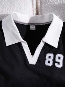 SHEIN 两件套少女休闲运动套装，Polo领撞色褶皱短袖上衣搭配抽绳阔腿裤，舒适宽松版型，适合日常、通勤、休闲、度假、外出等场合。 - 黑色 - 查看 3