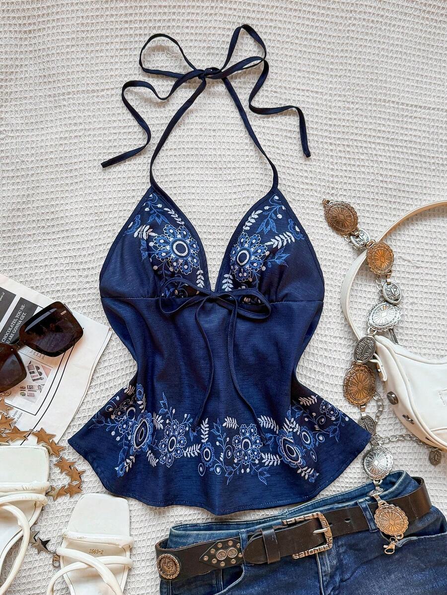 Sweetra Top sin espalda con cuello de halter estilo bohemio chic para mujer, diseño impreso distintivo, estilo de vacaciones de moda - Azul Marino - Ver 1