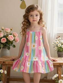 1件适合4-7岁女孩的甜美活力/清新假日风彩虹条纹+雏菊印花无袖连衣裙，轻盈活泼，吸睛十足，适合日常穿着、上学、生日派对、野餐、儿童节、春夏秋季等场合。 - 彩色 - 查看 1