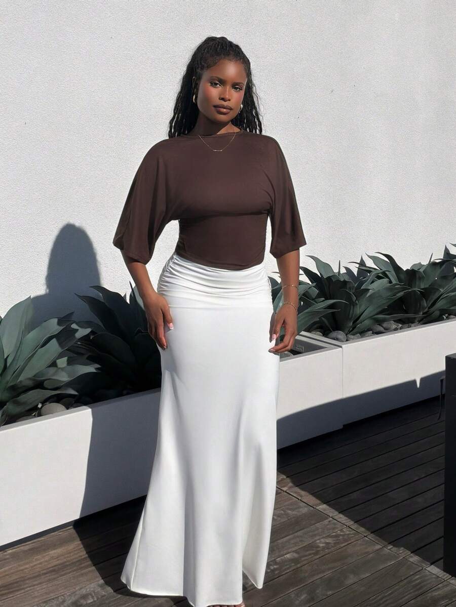 Tyla Gomez Casual Solid Color Batwing Sleeve Cropped T-Shirt, Summer,Brown Top - Coffee Brown - View 1