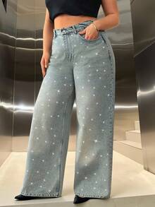 SHEIN Women Plus Size Rhinestone Embroidered Wide Leg Washed Detail Jeans - Grey - View 3