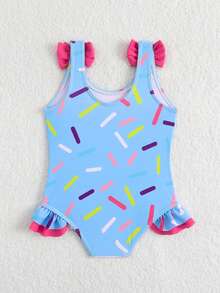 SHEIN GraphicGems Mädchen Badeanzug mit Eistüten Muster, Baby Mädchen Sommer neuer hautfreundlicher schnelltrocknender Badeanzug, Schleifendekor an den Schultern, Rüschenbesatz am Saum, volle Abdeckung, Hüftschutz, blendfreie Stil, Baby Mädchen Strandurlaub, Strand, Schwimmbad, Wasserpark, modisches Outfit, Baby Mädchen's lustiger und süßer Stil Essentiell - Verschiedenfarbig - Übersicht 2
