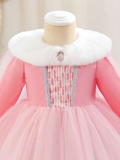 SHEIN Glamorique Kids Baby Girls' Princess Dress With Cape, Birthday Party, Ball Gown, Pink Tulle Puffy Skirt, Pink Long Sleeve Velvet, Pink Gems, White Fur Collar, Silver Ribbon, Elegant Formal Dress, Adorable