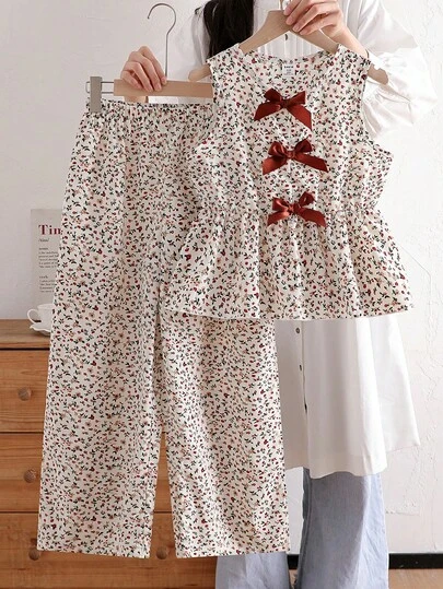 Young Girls' Chic Floral 2-Piece Set: Brown Bow Decor Sleeveless Top + Matching Wide Leg Pants, Sweet & Cute Casual Outfit For Summer