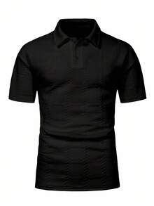 Manfinity Homme Plus Size Men's Black Summer Casual Smart Asymmetric Plaid Jacquard Polo Shirt, Short Sleeve Button Up Collared Top, Old Money City Break Streetwear Men - Black - View 3