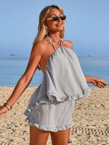 Swim Vcay Conjunto de top halter sin espalda a rayas y shorts para maternidad, cubrecuerpo para la playa - Multicolor - Ver 5