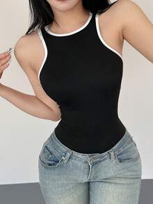 Rafferiza Women's Contrast Trim Round Neck Fitted Bodysuit, Versatile For Daily Wear - Black - View 8