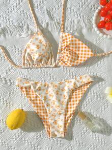Swim Mod Bộ bikini hai mảnh mùa hè mới về dành cho nữ, áo và quần bikini tam giác buộc dây cổ, họa tiết hoa và kẻ caro ngẫu nhiên, đồ bơi đi biển. - Nhiều màu - Xem 4