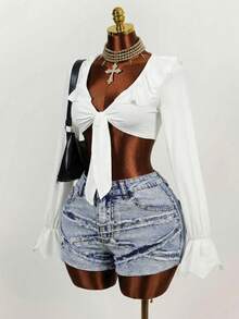 Mistrie Women's Casual Washed Frayed Hem Denim Shorts - Blue - View 3