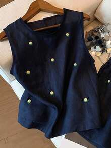 Resyla Bộ đồ 2 món dành cho nữ cỡ lớn: Áo không tay thêu hoa và quần short. - Xanh đậm - Xem 4