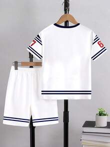 2pcs/Set Toddler Boys' Casual Creative Graphic Striped Short Sleeve T-Shirt And Shorts Outfit, Comfortable Daily Wear For Spring And Summer - Multicolor - View 2