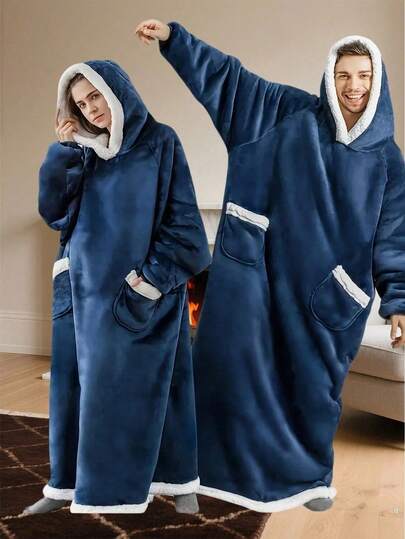 1pc Adult Wearable Blanket Hoodie, Thick Fleece Hooded Robe, Oversized Plush Hooded Sweatshirt Blanket With Pockets, Soft Fleece Hooded Pullover, One Size, Great Gift For Friends And Family For Christmas And New Year