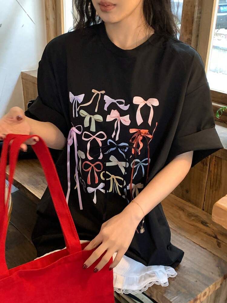 Women's Bow Print Round Neck Short Sleeve Casual T-Shirt Oversized
