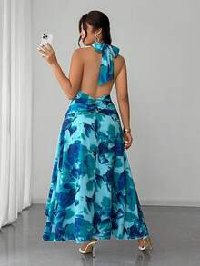 Elenzga Plus Size Women's Elegant V-Neck Floral Print Sexy Flowing Maxi Dress, Spring/Summer - Multicolor - View 2