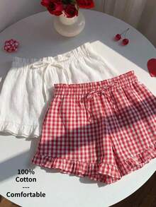 SHEIN EZwear 2 chiếc quần short nữ kẻ caro và màu trơn, thắt eo, xếp ly, kiểu dáng ngọt ngào dễ thương. - Nhiều màu - Xem 1