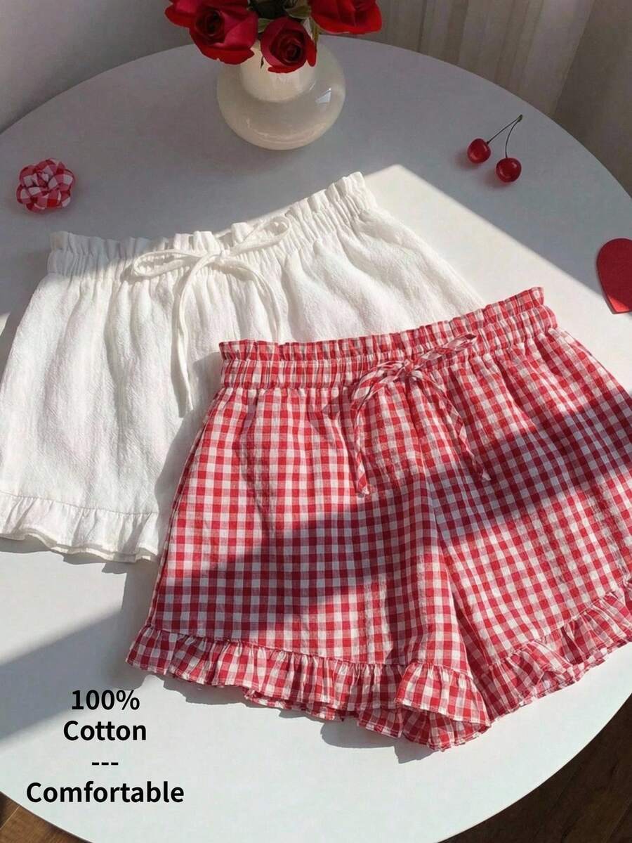 SHEIN EZwear 2 chiếc quần short nữ kẻ caro và màu trơn, thắt eo, xếp ly, kiểu dáng ngọt ngào dễ thương. - Nhiều màu - Xem 1