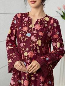 Yasmyna Romantic Floral Lace Patchwork Loose Fashionable Dress For Women - Burgundy - View 3