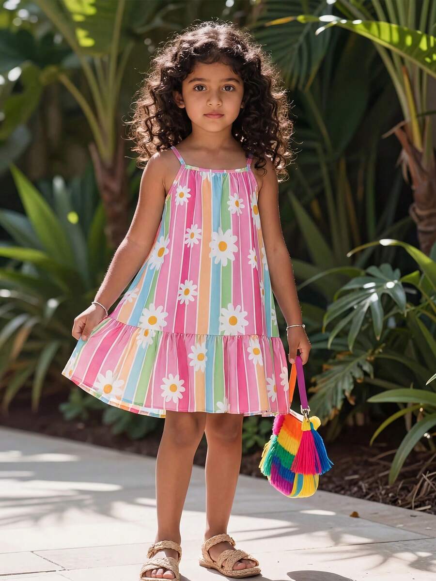 1pc 4-7 Years Old Girls Sweet & Energetic / Fresh Holiday Style Rainbow Stripe + Daisy Full Print Sleeveless Dress, Lightweight, Lively & Eye-Catching Dress For Daily Wear, School, Birthday Party, Picnic, Children's Day, Spring/Summer/Autumn - Multicolor - View 1