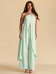 SHEIN BAE Set casual da donna per vacanze, composto da top verde con decorazione in resina a cerchio e pantaloni lunghi ampi, adatto per vacanze casual, spiaggia, uso quotidiano, pendolarismo, vacanze, spiaggia, set comodo, completo verde - Verde - Visualizzare 3